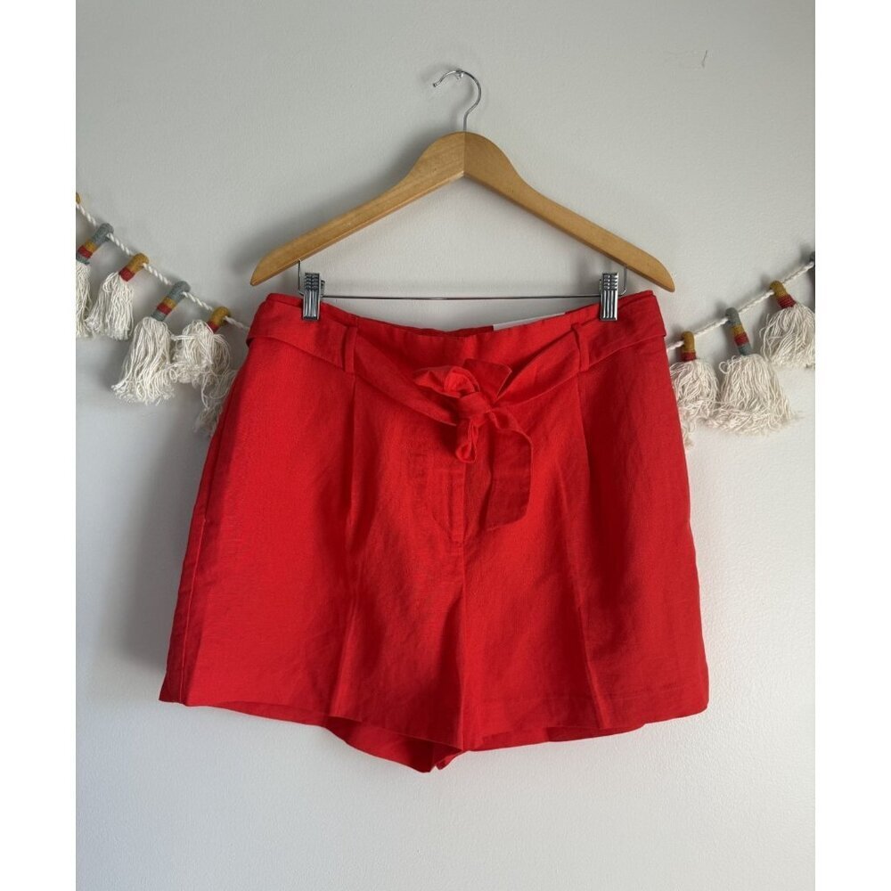 Ann Taylor Linen Blend Tie Waist Pleated Shorts Relaxed Fit Red Coastal NWT 12